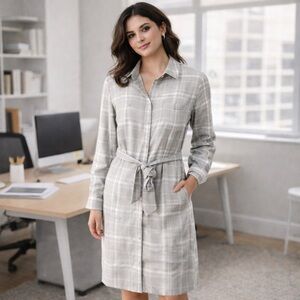 Light Gray White Plaid Long Sleeve Button Down Belted Shirt Dress SZ 12 NWOT